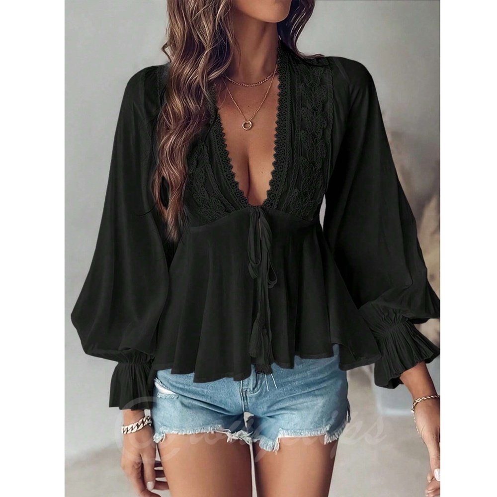 Black Tie Front Long Lantern Sleeve Blouse Shirt Lace Detail Peplum Sheer